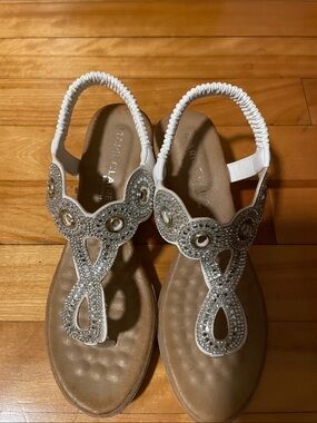White T-Strap Slingback Sandals with rhinestones
